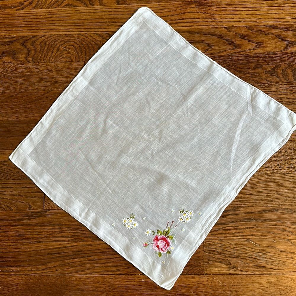 Large‎ vintage floral embroidered white handkerchief
